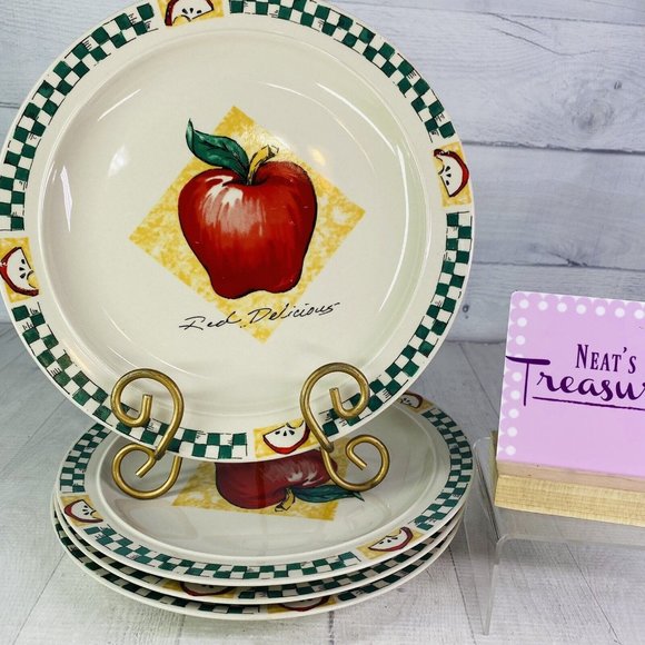 Gibson Dining Gibson Delicious Red Apple Green White Checker Board Ceramic Dinner Plates Set